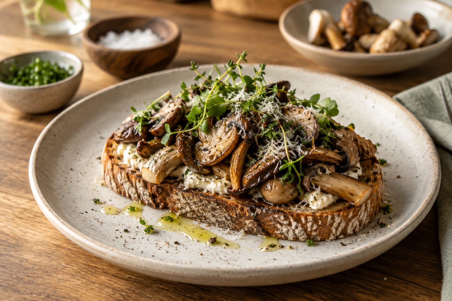 Roasted mushroom toast with herbs and cream on a ceramic plate