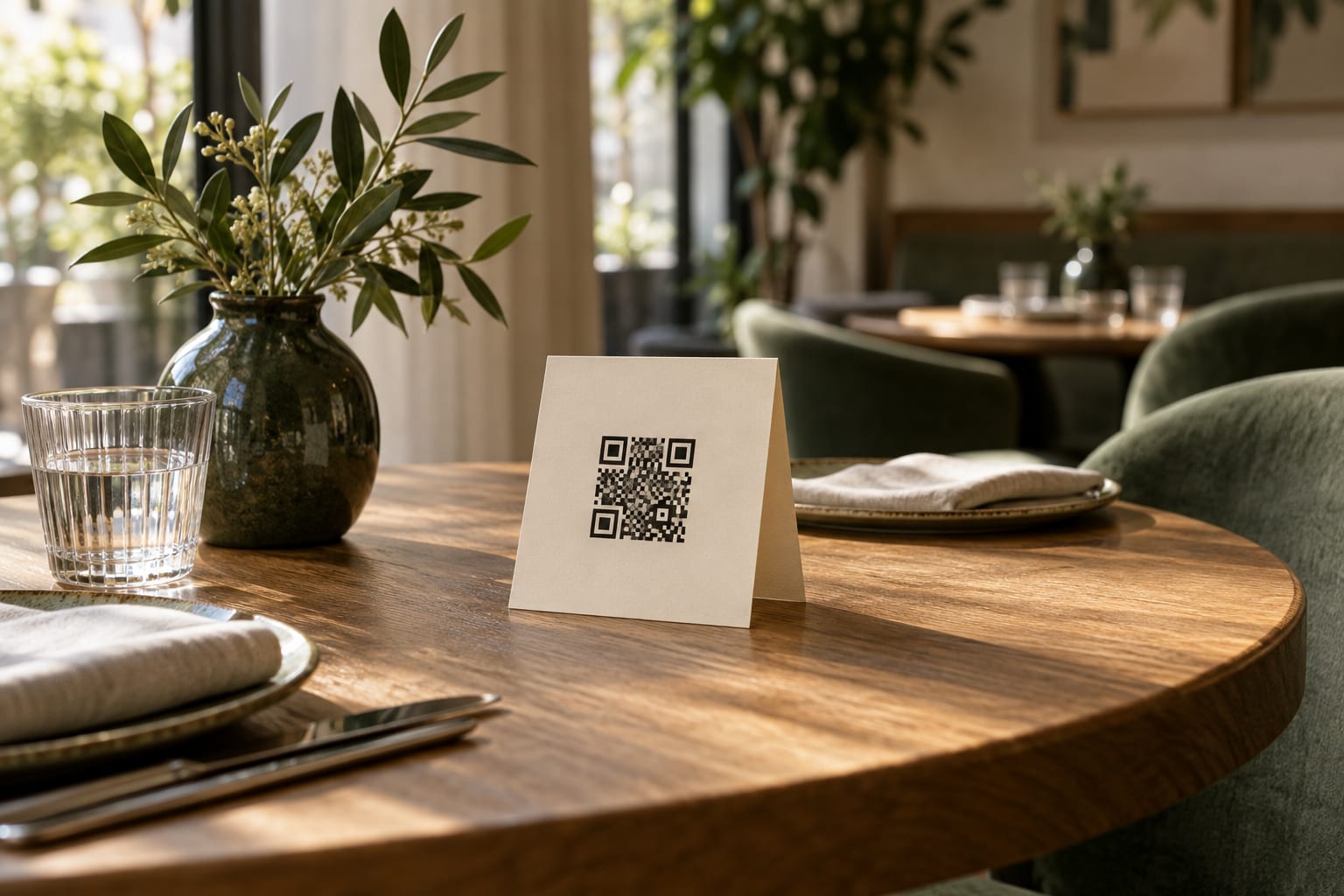 A folded QR menu card on a clear bistro table
