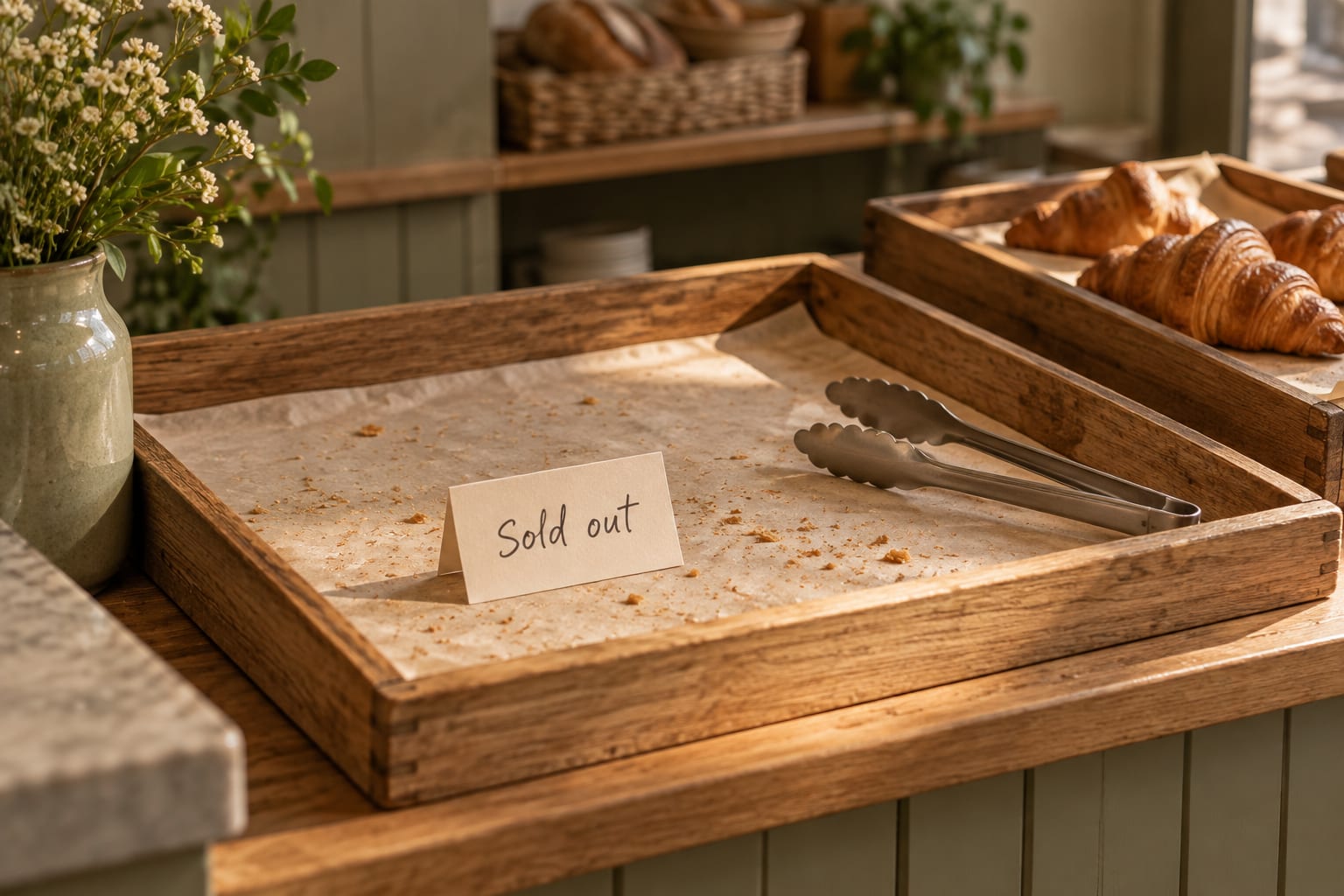 An empty bakery tray with a sold-out sign
